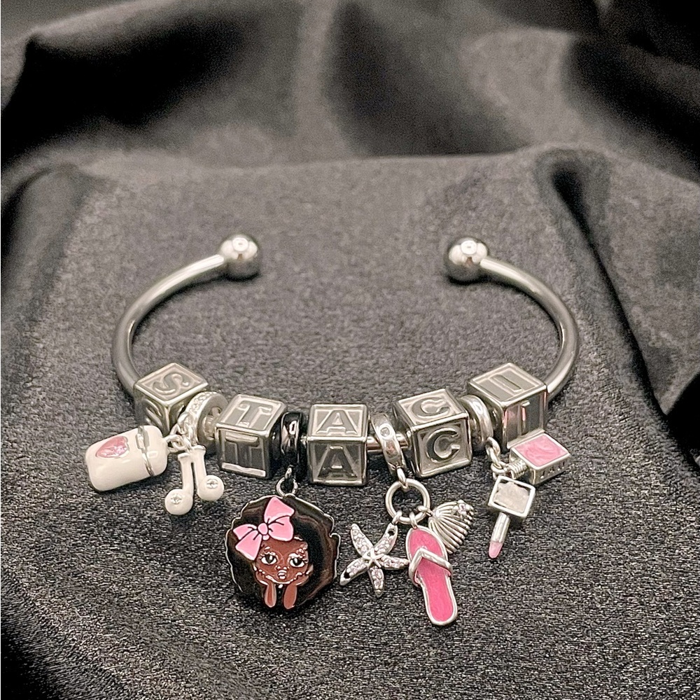 Linx Charm Bracelet with Custom Name Pink Girl Themed Charms